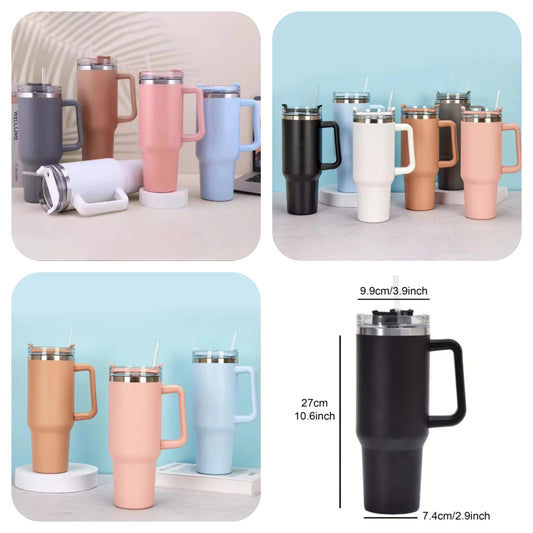 Tumbler with Straw Lid and Handle, Stainless Steel Vacuum Insulated Coffee Cup