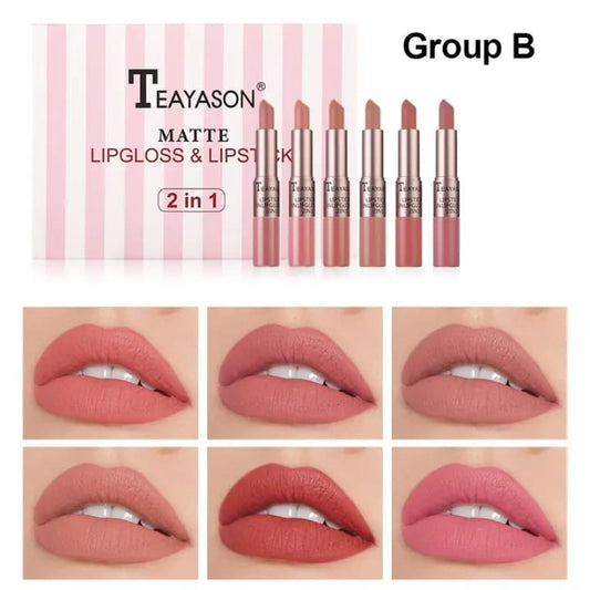 TEAYASON - 2 In 1 Matte Lip-gloss & Lip-stick Set Tray - 6Pcs/Set