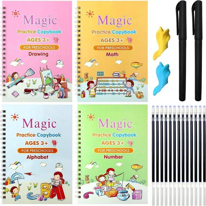 Magic Reusable Practice Copybook for Kids Pack of 4 with 10 Refills