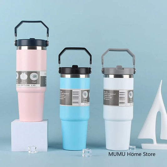 Stainless Steel Thermos Bottle With Straw Sport Vacuum Flask Keeps Cold and Heat 890ml Large Capacity