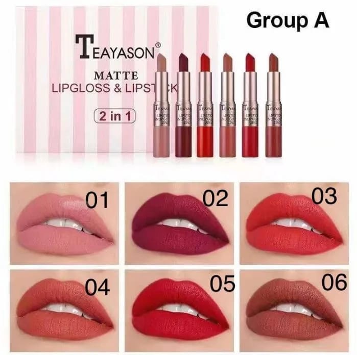 TEAYASON - 2 In 1 Matte Lip-gloss & Lip-stick Set Tray - 6Pcs/Set