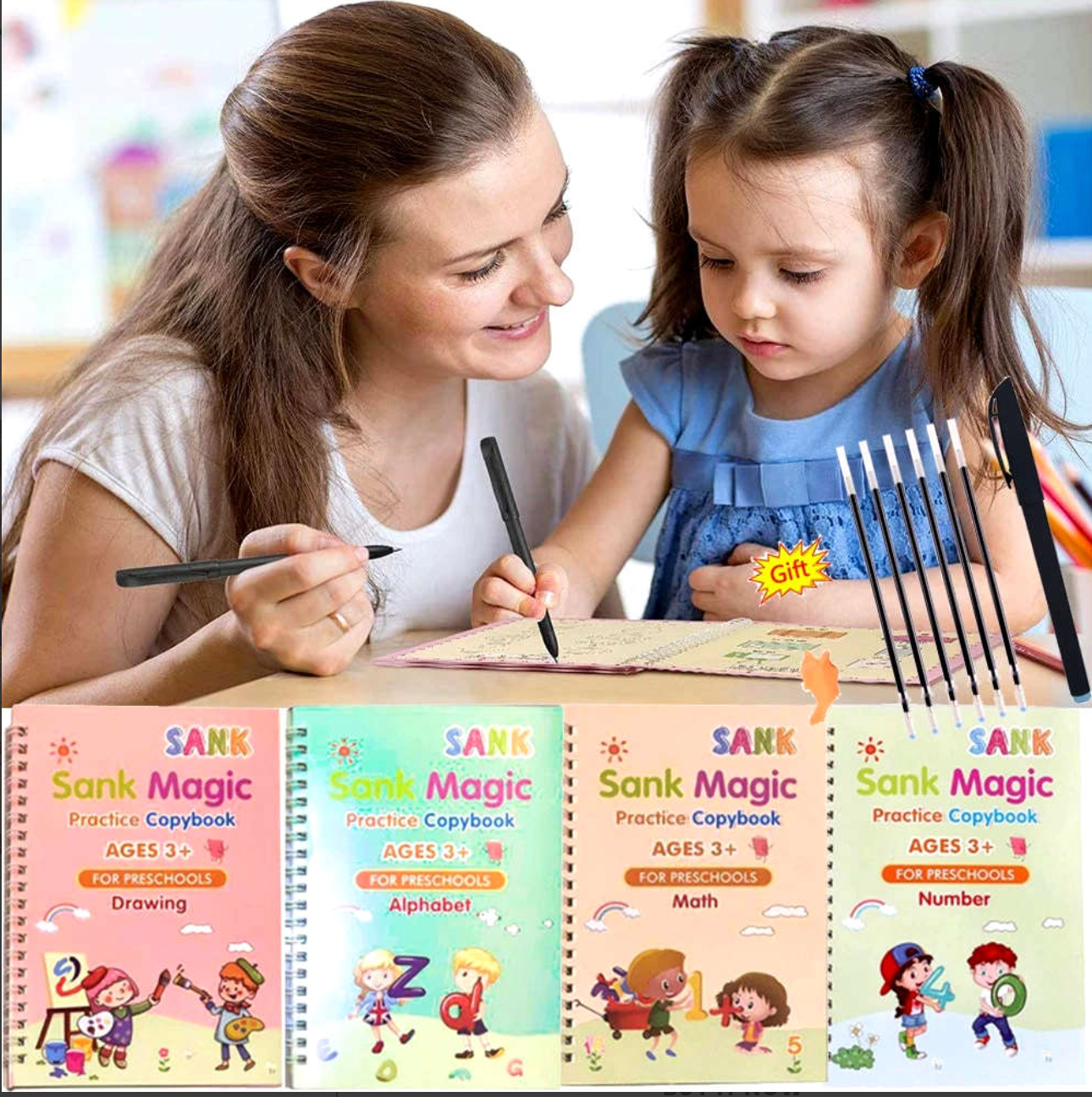 Magic Reusable Practice Copybook for Kids Pack of 4 with 10 Refills