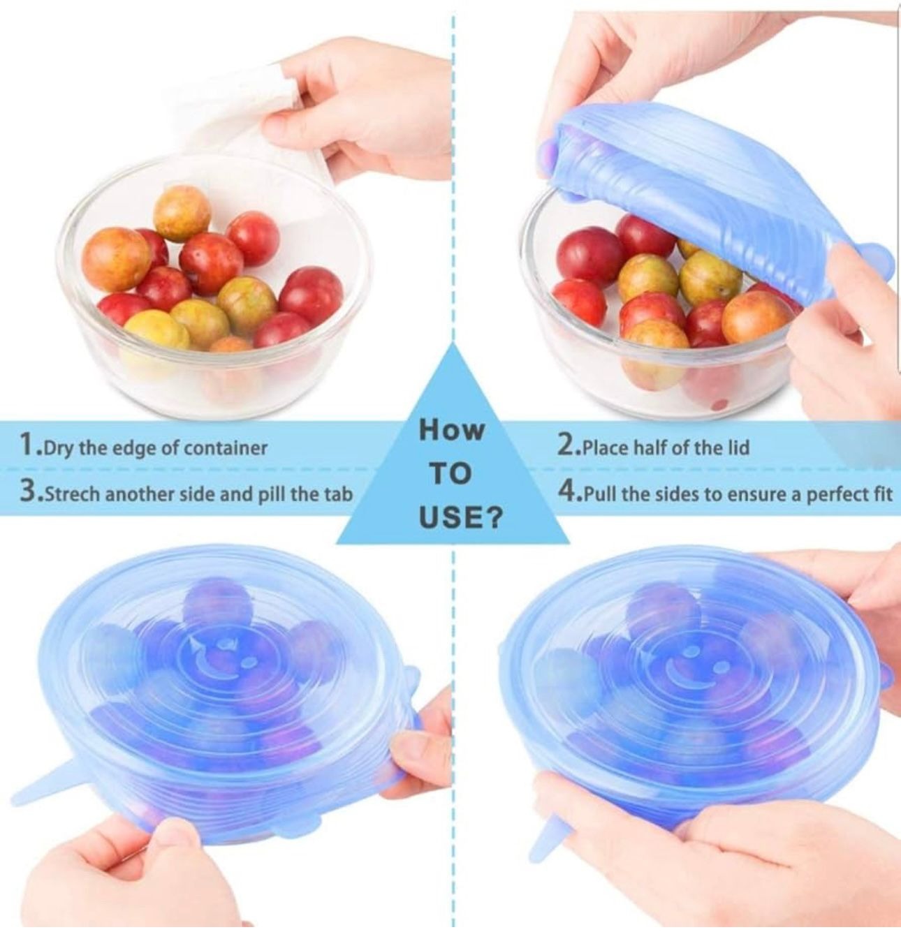 6 Piece Silicone Stretch Lids and Reusable Bowl Covers Food Cover