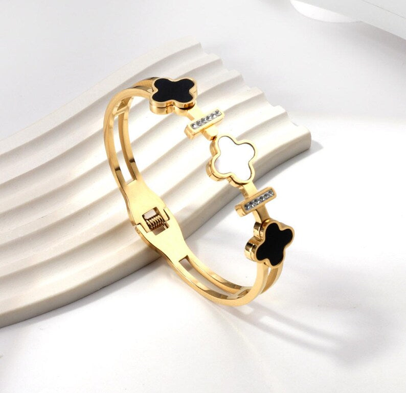 Gold-Plated Clover Bangle with Mother-of-Pearl